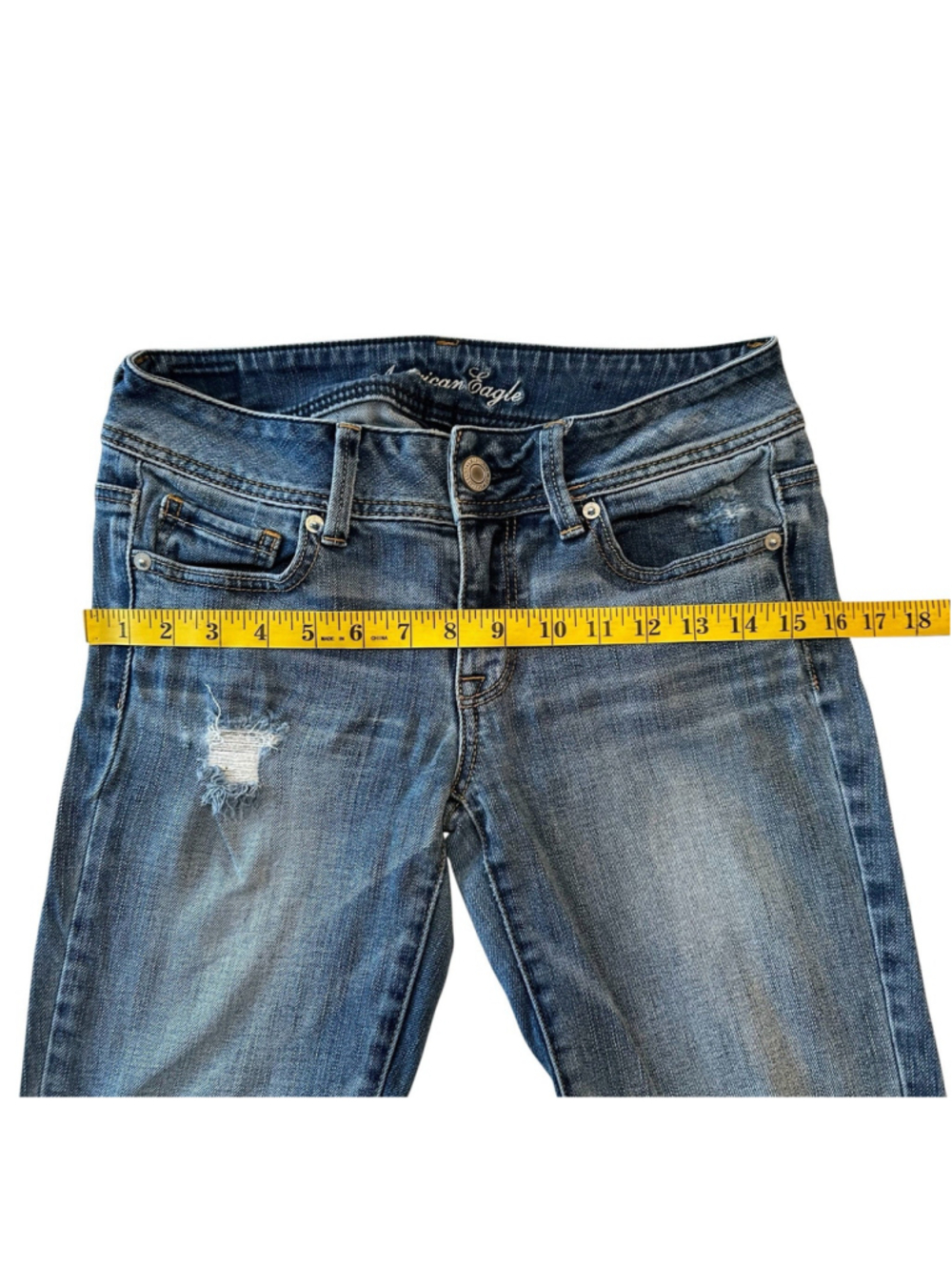 American Eagle Bootcut Jeans Low Rise Women 4 Blue Stretch Distressed Destructed - Picture 9 of 16